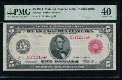 AC Fr 834b 1914 $5 Philadelphia FRN red seal PMG 40 - Image 1 of 2