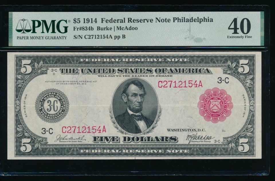 AC Fr 834b 1914 $5 Philadelphia FRN red seal PMG 40 - Image 1 of 2