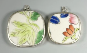 Vtg Chinese Framed Porcelain Pendants Hand Painted Floral Ivy Leaf Pottery Shard - Picture 1 of 12