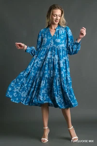 Blau Türkis Umgee Blumenmuster Stufen Midikleid mit Rüschen V-Ausschnitt - Bild 1 von 4