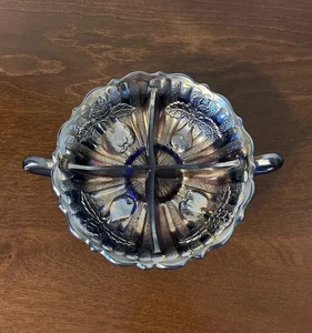 Scarce Antique Fenton Blue Carnival Glass Handled “Two Fruits” Divided Bon Bon - Picture 1 of 10