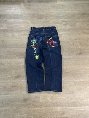 Raw Blue Jeans Mens 34x32 Embroidered Locks Edition Tittle Bronx Y2K Baggy - Image 1 of 4