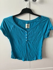 Y2K Hollister T-Shirt Women Small Solid Henley Turquoise Blue vintage  - Picture 1 of 8