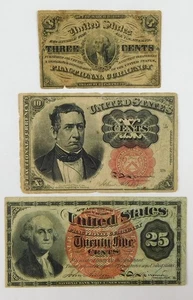 Trio of US Fractional Notes: 3c Fr-1226 G; 25c Fr-1303 F; 10c Fr-1265 G C2774 - Picture 1 of 2