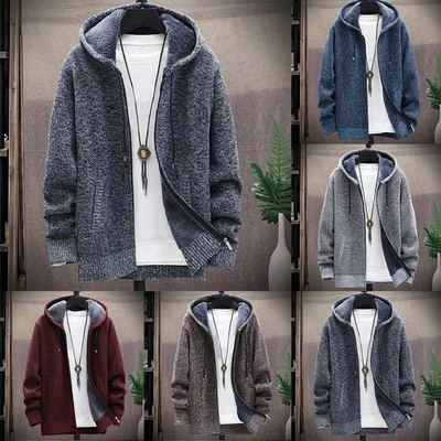 Herren dicke Fleece gefütterte Strickjacke mit Kapuze Winter Strick Sweatshirt - Bild 1 von 4