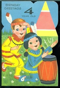 Vintage Greeting Card BIRTHDAY GREETINGS 4 YEAR OLD Boy Girl Dressed as Indians - Picture 1 of 1
