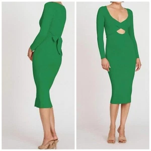 BY JOHNNY Sz L Or 12 Green  Knit Tie Back Midi Dress Long Sleeves Stretch  - Picture 1 of 19