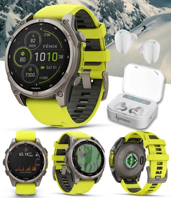 Garmin Fenix 8 47 mm Titanio Solar Reloj Inteligente Amplificador Amarillo con Auriculares Blancos Foto 1 de 4