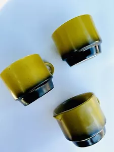 (3) Anchor Hocking Avocado Green/black Creamer/sugar/cup - Picture 1 of 5