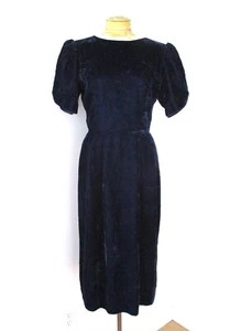 Vtg 80s Midnight Blue Crushed Velvet Cocktail Dress Plunge Back Button Loops M - Picture 1 of 5