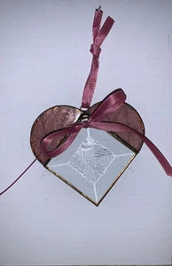 Heart Shaped Stained Glass Suncatcher Pink Clear Etched Beveled Ribbon Bow EUC - Picture 1 of 13
