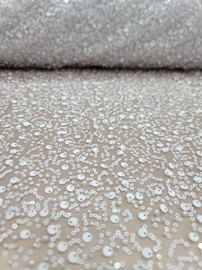 White Beaded Sequins Embroidery Bridal Stretch Lace Fabric By The Yard Wedding - Picture 1 of 13