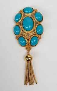 Broche Vintage Imitación Turquesa Cabujón Tono Dorado con Borla 3-5/8" Largo - Imagen 1 de 22
