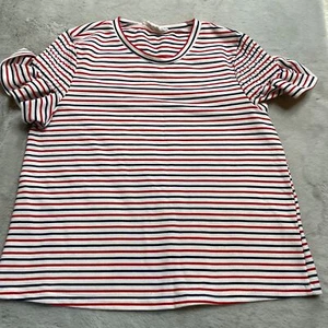 Top Anthropologie Mujer Pequeño Tejido Puff Manga Calada Blanco Rojo Rayas - Imagen 1 de 8