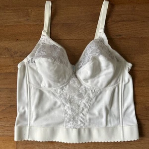 Vtg J C Penny Long Line Bra 40C White 1960s Wireless Unlined Lace Trim Blue Bow - Picture 1 of 5