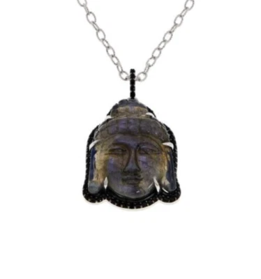 Collar de plata de ley con colgante de espinela negra y Buda labradorita tallada único Foto 1 de 3