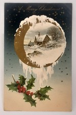 Christmas Post Card Winsch Schmucker Embossed Holly and Berries Icy Countryside