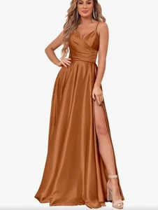 Abito maxi dress 4 whisky marrone raso lungo plissettato scollo a V ballo matrimonio festa nuovo - Foto 1 di 16