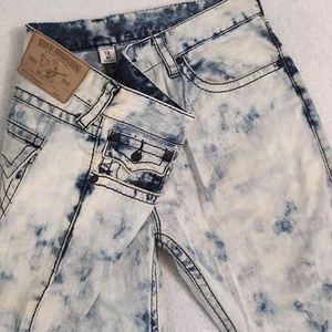 Pantalones de mezclilla rectos True Religion lavado ácido azul blanco para hombre 42x34 estilo Y2K bolsillo con solapa - Imagen 1 de 10