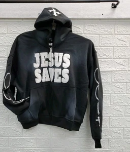 New Crowned Saints Jesus Saves Full Zip Hoodie W/Pockets & Graphics Black Sz Lg - Picture 1 of 7