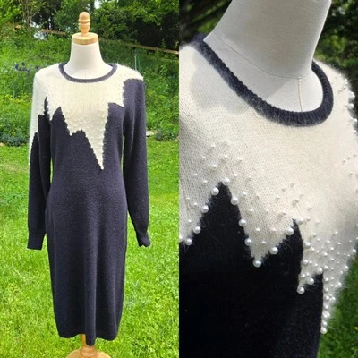 Vestido Suéter Largo Angora Vintage, Negro Blanco con Cuentas Perla Años 80 Glam Talla M Foto 1 de 4