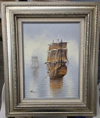 Pintura al óleo original de barcos piratas Foto 1 de 4