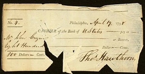 PA $800 PHILADELPHIA The Bank of The United States April, 1798 Cashier Check #4 - Picture 1 of 2