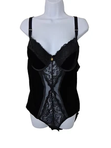 Black Velvet Open Lace Front See Thru Mesh Back Teddy Bodysuit Size 1X - Picture 1 of 11