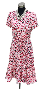 Talbots Midi Kleid 6 weiß rot rosa schwarz Passform Flare Kunsthalstuch geschichtet gerüscht S - Bild 1 von 7