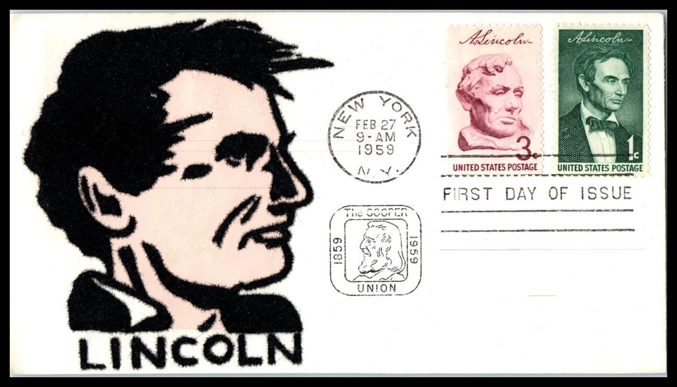 1959 Abraham Lincoln 1c 3c Sc 1113 1114 FDC with FLOK textured cachet (L19 - Image 1 of 1