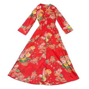 Vintage 1950s Fit and Flare Red Maxi Dress Sz 10 Collared Floral Handmade Womens - Picture 1 of 4