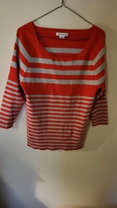 Liz Claiborne Sweater Cotton Nylon L Sleeve Red Gray Stripe 26 L 26 Across Front - Picture 1 of 24
