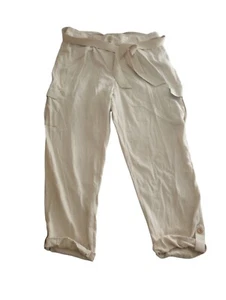 Chico’s Size 2.5 White Ivory Tan Cropped Cargo Pants With Gold Over Hem Chambray - Picture 1 of 9