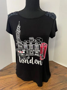 Justice Juniors Size 14 Black London Graphic Tee Sparkly Embellished Shoulder - Picture 1 of 3