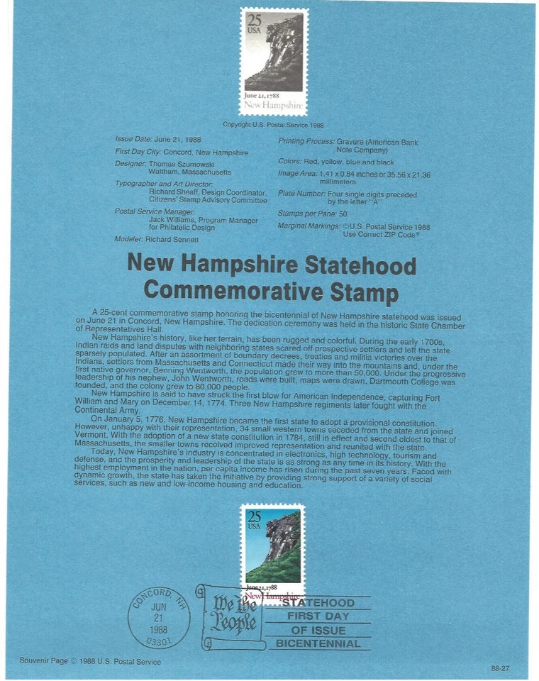 USPS Souvenir First Day Of Issue Comm Stamp 6/21/88 New Hampshire Statehood 25c - Image 1 of 1