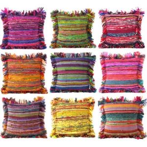 INDIAN HANDMADE CHINDI COTTON CUSHION COVER RUG RAG POUF COLOURFUL MULTI PILLOW - Picture 1 of 16