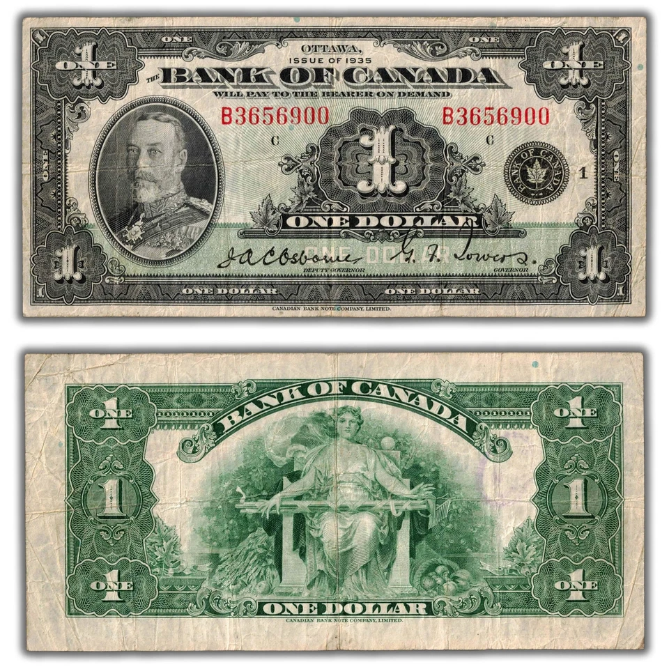 $1 1935 Bank of Canada Note English Text Series B BC-1 - Faded Stamp on Back - Imagem 1 de 3