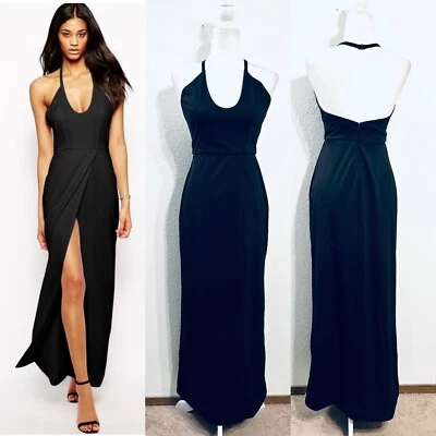 AQ/AQ x ASOS Black Sienna Halter Maxi Dress Wm 6 Wrap Skirt Thigh Split Lined - Image 1 of 4