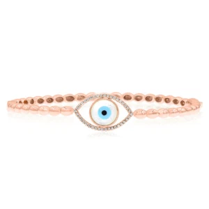 14K ROSÉGOLD DIAMANT HAMSA EVIL EYE PERLMUTT STAPELBAR ARMREIF ARMBAND - Bild 1 von 1