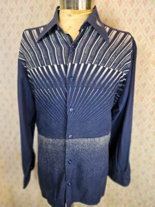 Vintage 1970s Blue & White Cotton Cazou French Long Sleeve Disco Party Shirt M - Picture 1 of 7