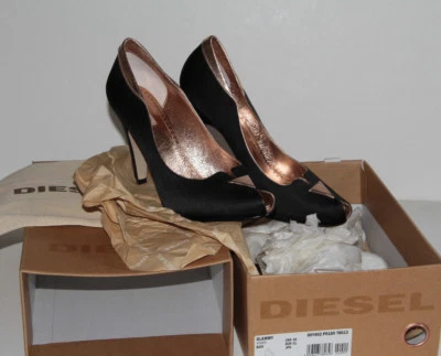 DIESEL GLAMMY HEELS BLACK & BRONZE VERY COOL WORN ONCE BOX  - Image 1 of 4
