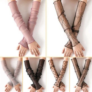 Women Mesh Lace Long Fingerless Gloves Breathable Sun UV Protection Arm Sleeves - Picture 1 of 23