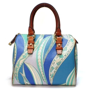 Emilio Pucci Mini Boston Handbag Blue Multicolor PVC Leather 9.4 × 7.1 × 5.7 in - Picture 1 of 9