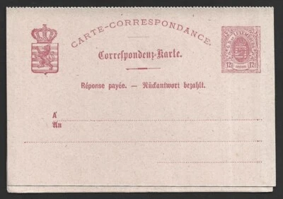 Luxembourg 1878 12c+12c carmine rose/dark pink postal reply card mint. HG# 24 - Image 1 of 3