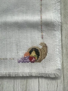 Bread Cloth, Basket Liner, Thanksgiving Cornucopia & Border, Hand Cross Stitched - Picture 1 of 3