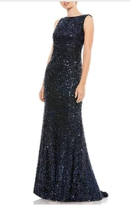 Vestido Ieena Mac Duggal Azul Capucha Drapeado Espalda Cuello Barco Lentejuelas Talla 0 - Imagen 1 de 12