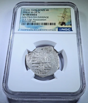 NGC XF Asociación Naufragio 1598-1665 Español 4 Reales 1500s-1600s 4R Moneda Cob Foto 1 de 2