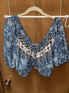 Joie Blue Bohemian Peasant Crop Top Size Medium NWT - Picture 1 of 2