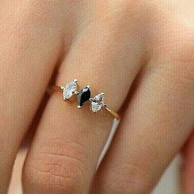 1Ct Marquise Cut Three Stone Black Diamond Engagement Ring 14K Yellow Gold Over - Image 1 of 4