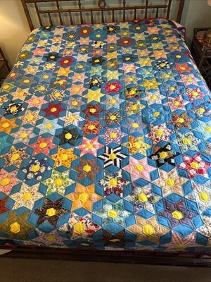 Estrellas y hexágonos acolchados a mano de colección para reparación 67 X 87 Foto 1 de 4